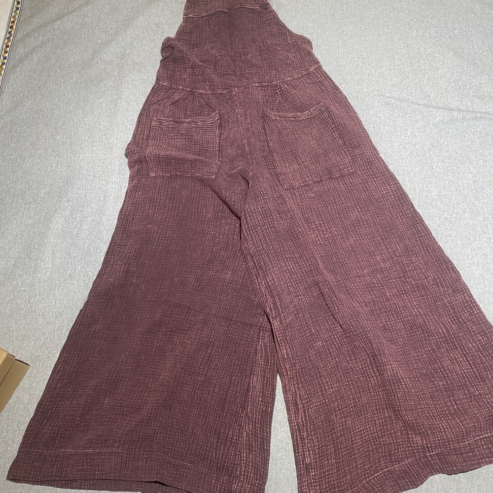 Jumpsuit Lightweight Flowy Wide Leg Pockets Plum Casual Dressy La La Mia
